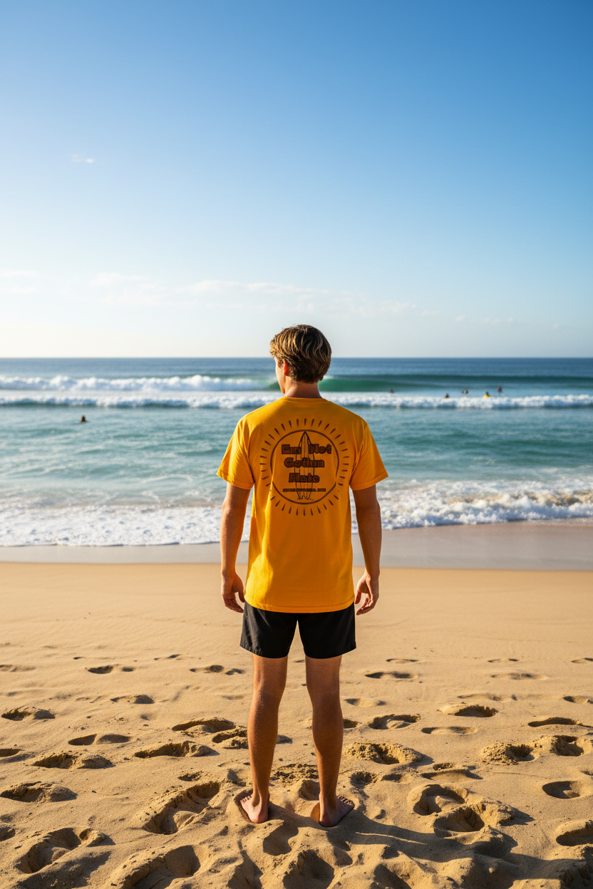 Beach lifestyle back view of gold tee