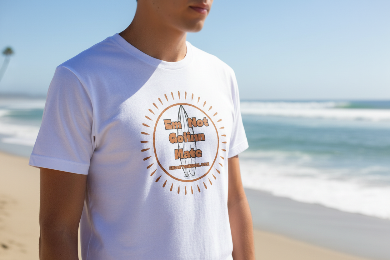 Close-up white t-shirt front with sun logo