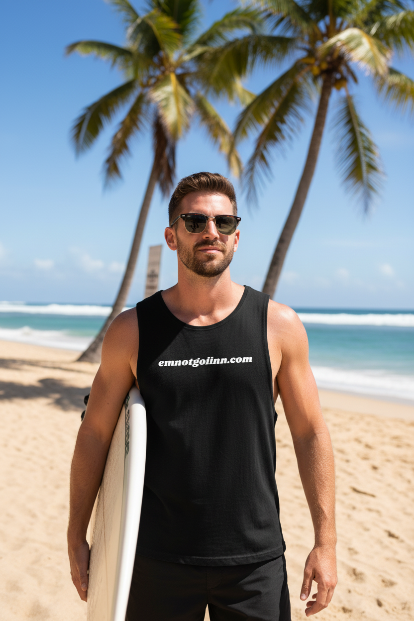 Front view with surfboard and palms